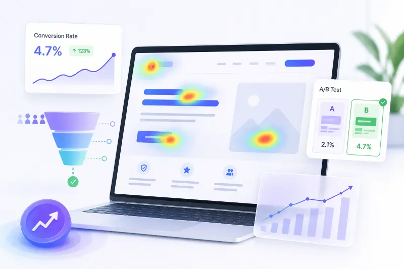 Laptop showing a heatmap and A/B test results with conversion rate increasing from 2.1% to 4.7%