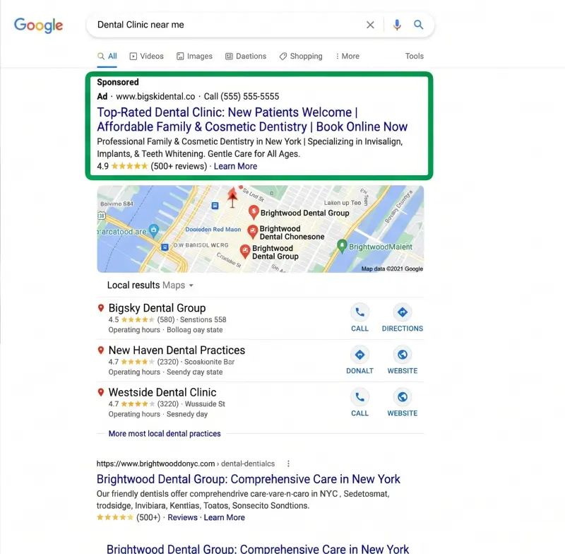 Google search results page showing a sponsored dental clinic ad above the local map pack