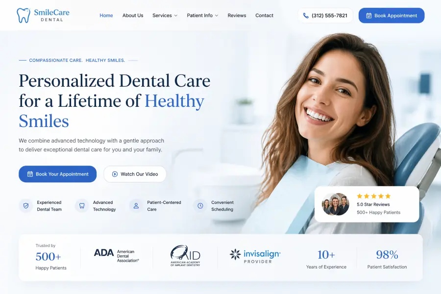 Dental clinic landing page with a single booking call to action, trust logos, and a patient photograph