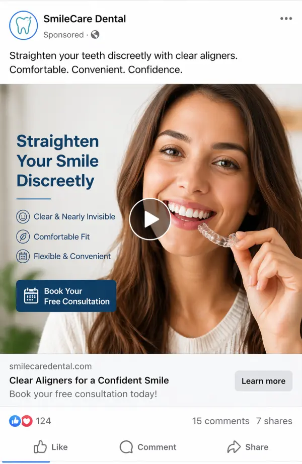Facebook feed ad for a dental clinic promoting clear aligners with a book consultation button