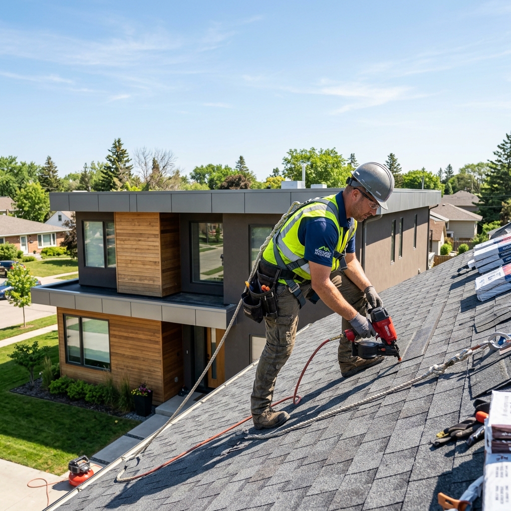 Roofing crew installing shingles on a residential roof